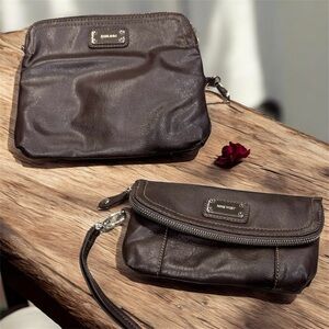 Nine West Dark Brown Leather Wristlet and Pouch set no stains or wear